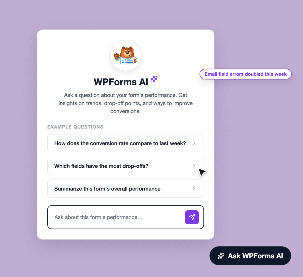 benefit4-ai-chat - WPForms Cartão branco num fundo lilás a mostrar o herói de IA do WPForms com uma mascote de urso, título em negrito, texto descritivo e uma lista de perguntas de exemplo com um CTA roxo 'Perguntar à IA do WPForms'.