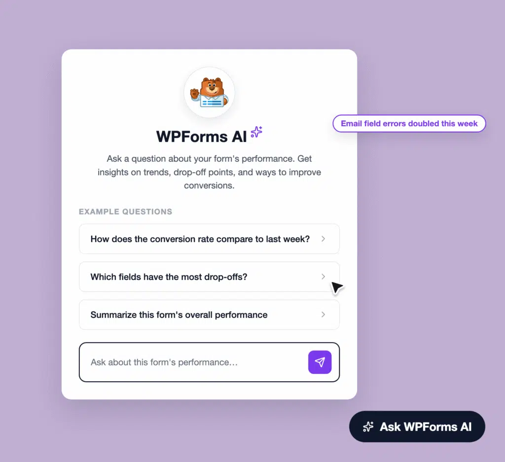 benefit4-ai-chat - WPForms Scheda bianca su sfondo lavanda che mostra l'eroe AI di WPForms con una mascotte orso, titolo in grassetto, testo descrittivo e un elenco di domande di esempio con una CTA viola 'Chiedi a WPForms AI'.
