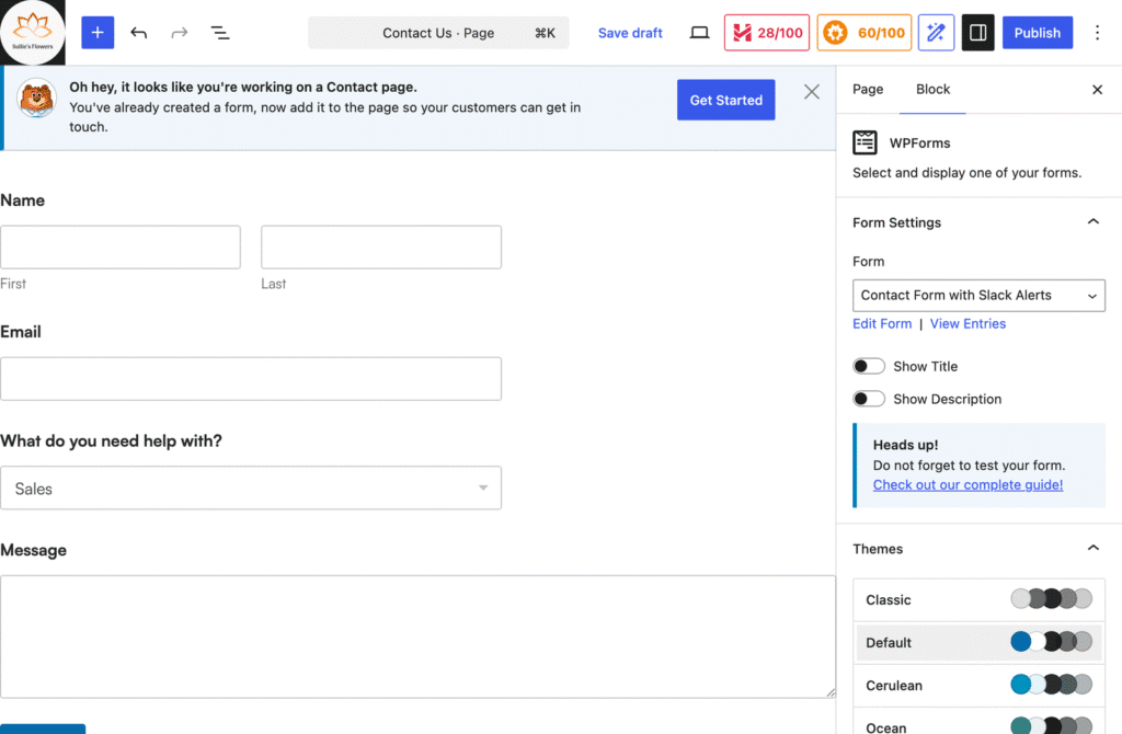 WordPress form editor showing a contact form: First name, Last name, Email fields, a dropdown for help topic set to Sales, and a Message area on the left; Form settings on the right.