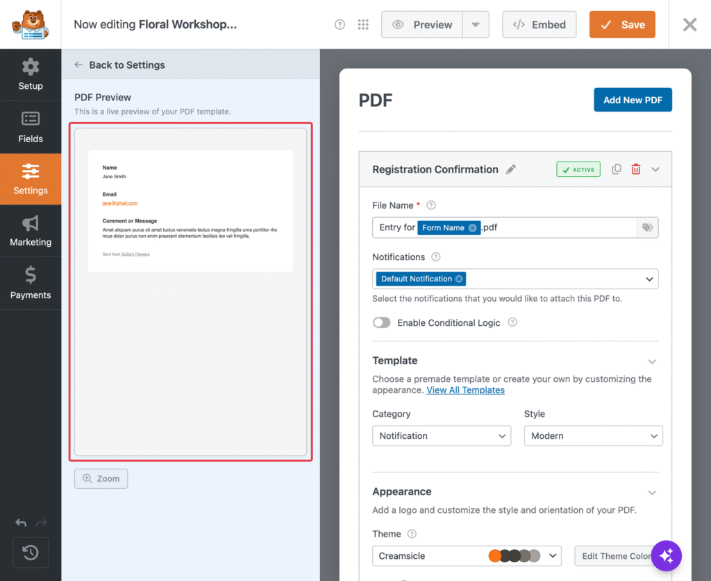 UI: PDF template editor with live preview on the left and settings panel on the right labeled 'Now editing Floral Workshop...'