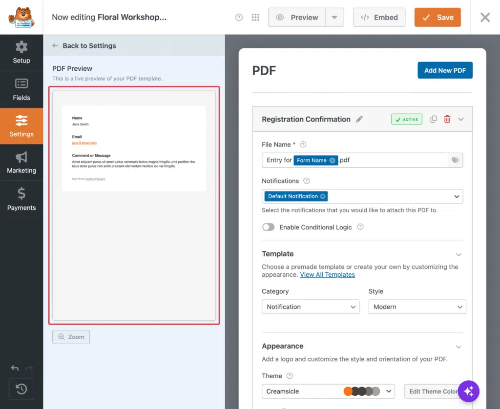 UI: PDF template editor with live preview on the left and settings panel on the right labeled 'Now editing Floral Workshop...'