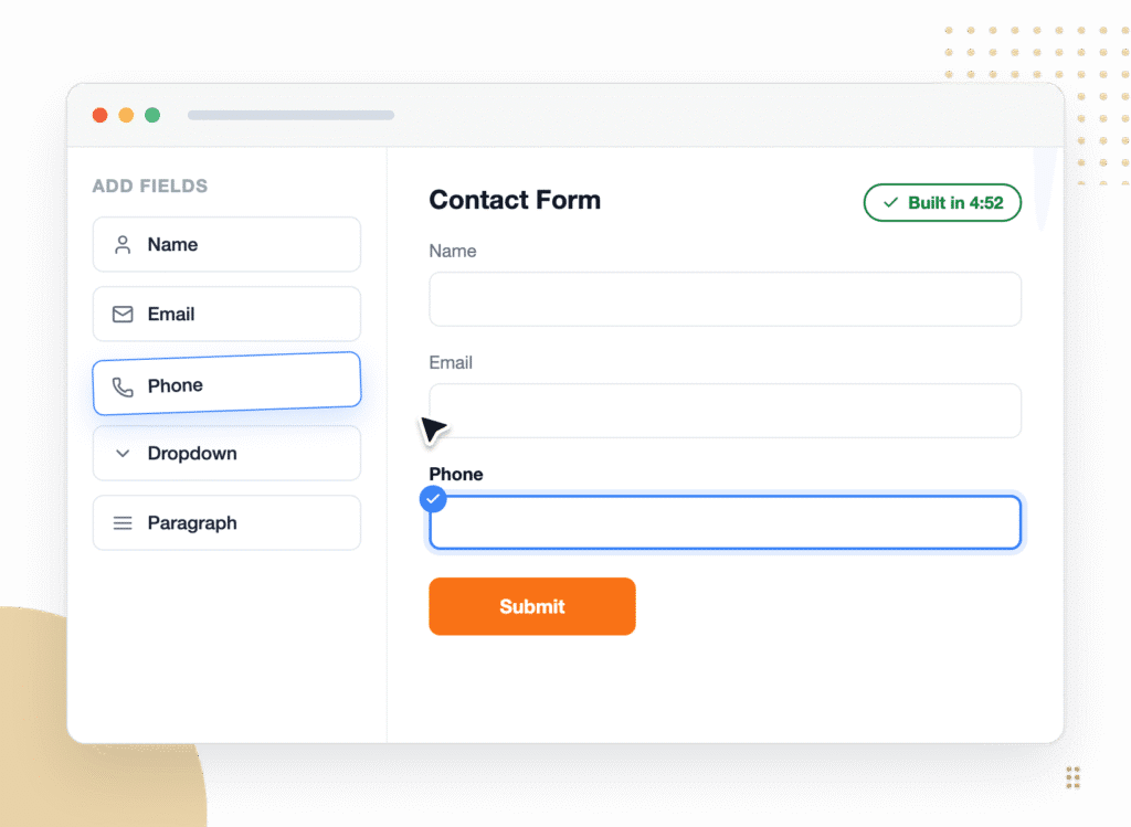 Left sidebar with form fields list (Name, Email, Phone highlighted) and a right-side Contact Form with Name, Email, Phone fields and an orange Submit button.