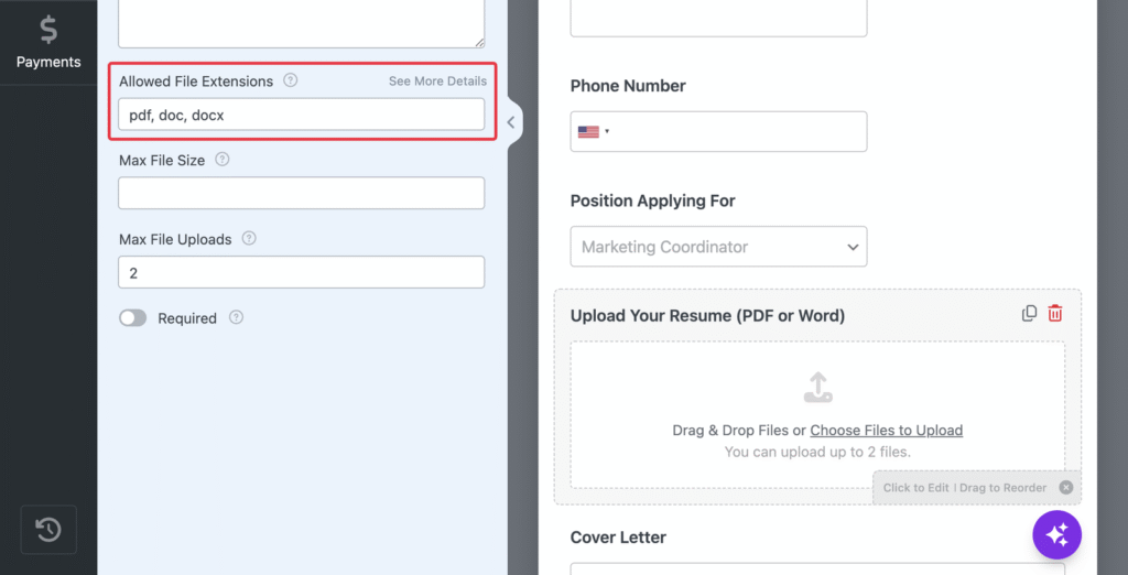 Left panel shows file settings: Allowed Extensions pdf, doc, docx; Max File Size and Max File Uploads, Required toggle