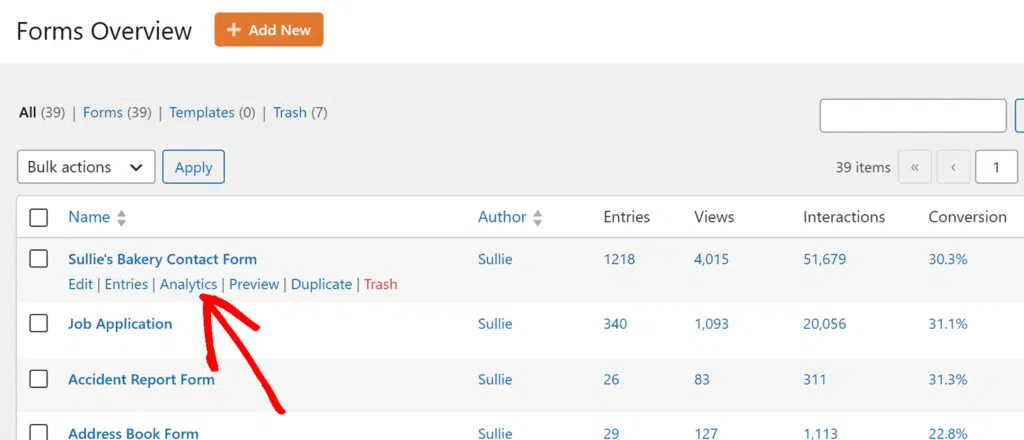 form-analytics-wpforms - WPForms Forms Overview: first item 'Sullie's Bakery Contact Form' with actions (Edit, Entries, Analytics, Preview, Duplicate, Trash); author Sullie; 1,218 entries, 4,015 views, 51,679 interactions, 30.3% conversion.