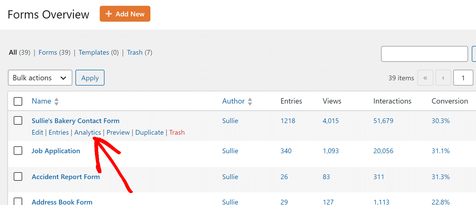 Hovering over a form to open the Analytics link in WPForms