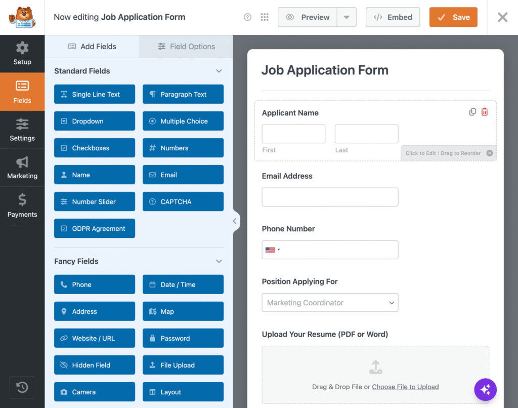Form builder UI with a left sidebar of blue field tiles (Standard, Fancy fields) and a large right preview showing a Job Application Form title and input fields like Applicant Name, Email Address, and Phone Number.