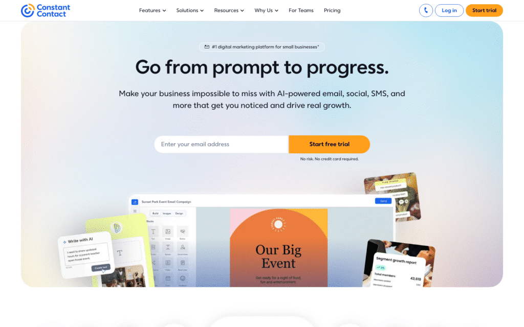 Hero banner for Constant Contact: gradient blue background with headline 'Go from prompt to progress.' and email signup plus 'Start free trial' CTA.