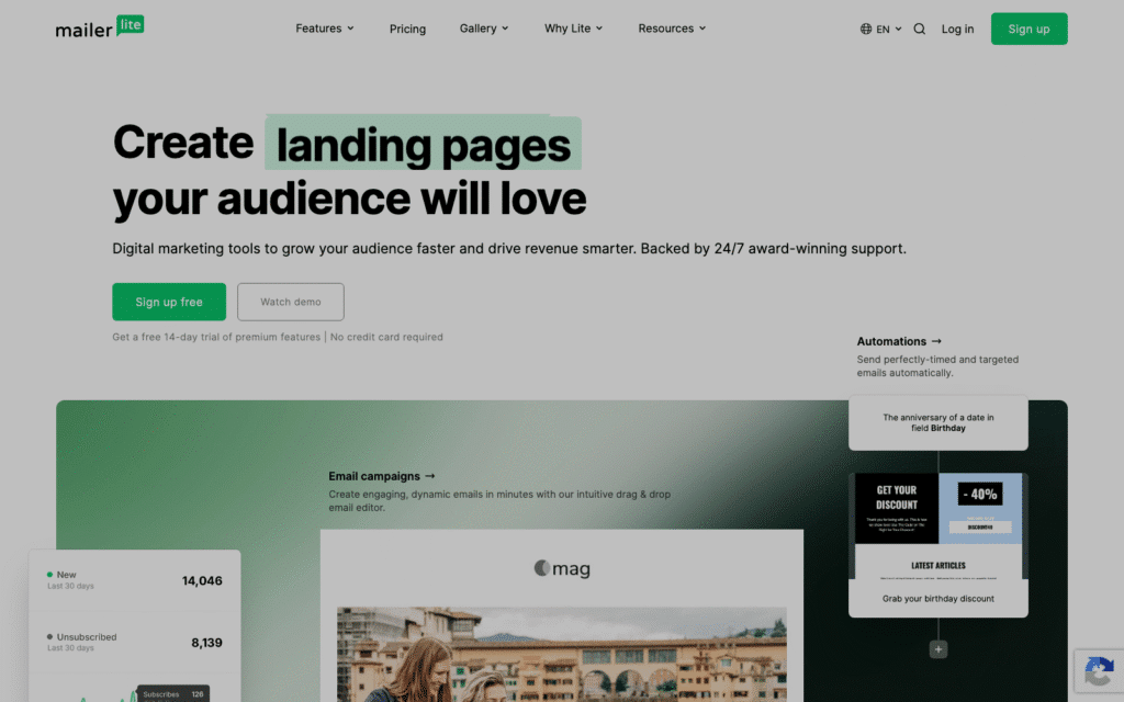Hero banner promoting MailerLite's landing page builder: bold headline 'Create landing pages your audience will love' with mint highlight on 'landing pages' and two CTAs: 'Sign up free' and 'Watch demo'.