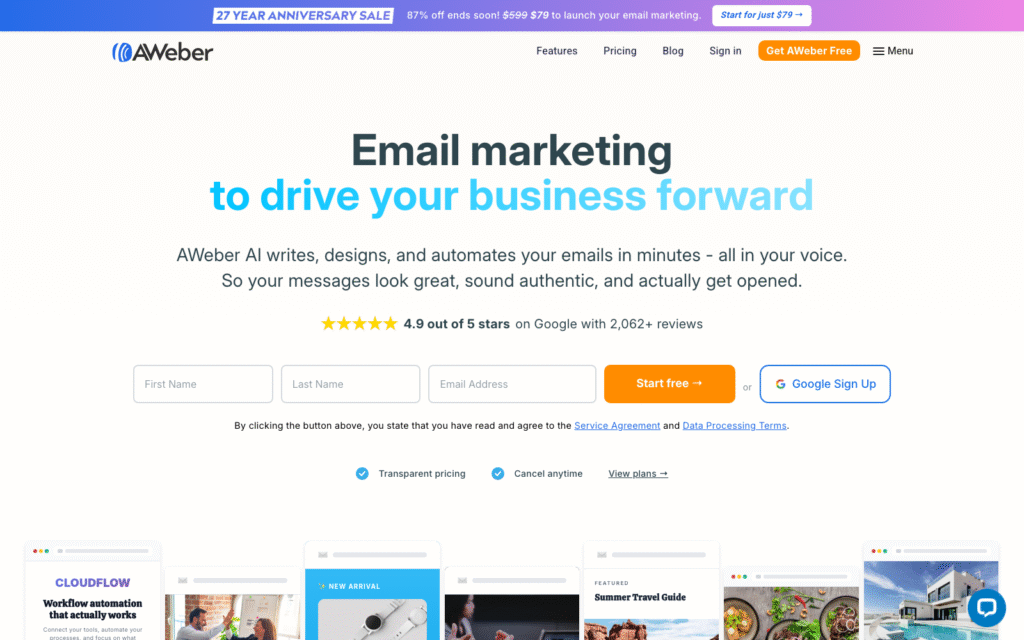 AWeber homepage hero promoting email marketing with a bold, two-line headline and a signup form (First name, Last name, Email) and an orange Start free button.