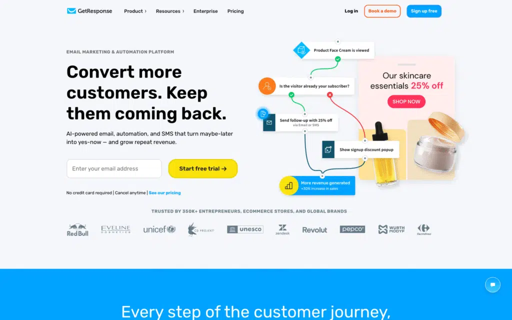 GetResponse principal: titular llamativo sobre la conversión de clientes, campo de registro de correo electrónico y botón Empezar prueba gratuita con un gráfico de diagrama en el lado derecho.