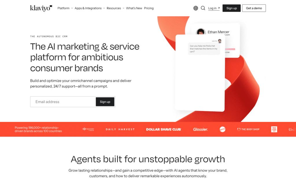 Klaviyo hero: AI marketing platform for ambitious consumer brands with an email signup form on the left and abstract card artwork on the right.