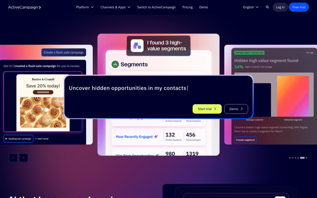 Marketing hero featuring overlapping colorful cards surrounding a central dark banner that reads “Uncover hidden opportunities in my contacts” with Start trial and Demo buttons.