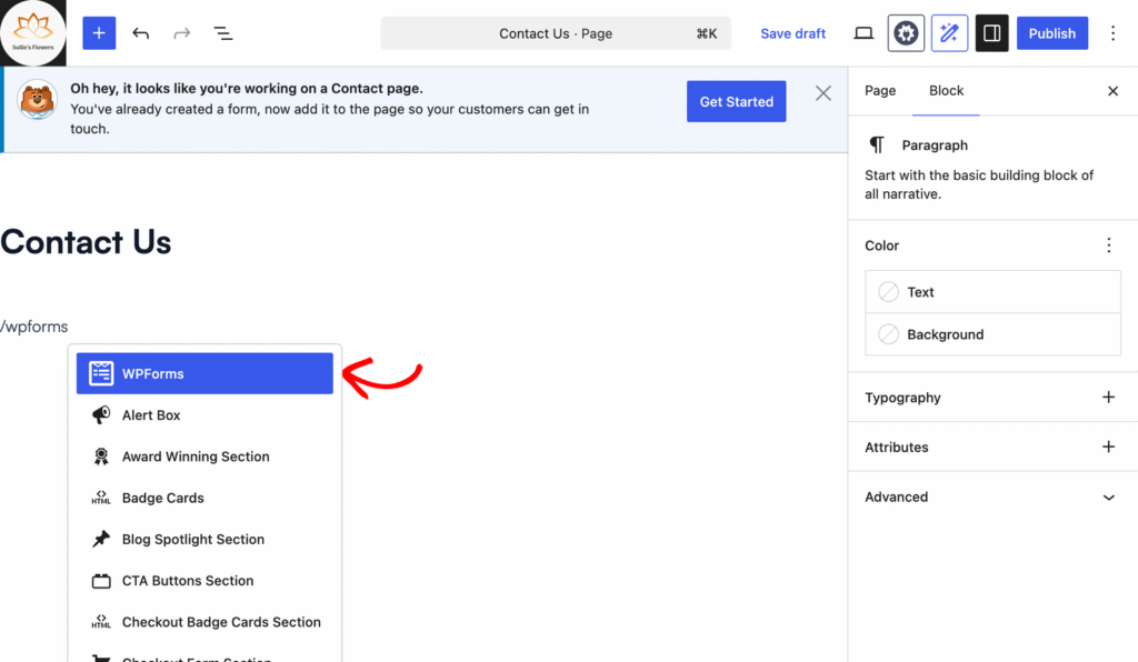WordPress editor: blue-highlighted WPForms option in a floating menu with other blocks like Alert Box and Badge Cards nearby on a page editor screen.