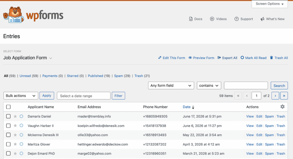 WPForms Entries page showing a Job Application Form list with columns for Applicant Name, Email, Phone, Date, and Actions (View/Edit/Spam/Trash)