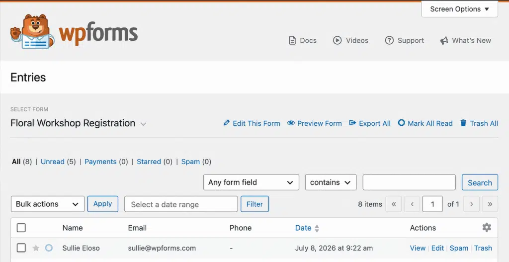 WPForms Entries page for Floral Workshop Registration showing one entry for Sullie Eloso with date and action links (View, Edit, Spam, Trash).