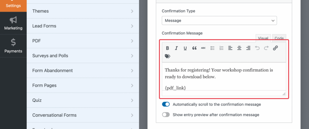 Settings UI: left vertical navigation with Themes, Lead Forms, PDF, and other items; right panel shows Confirmation Message editor with rich text toolbar and a sample message containing {pdf_link}.