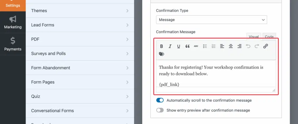 Settings UI: left vertical navigation with Themes, Lead Forms, PDF, and other items; right panel shows Confirmation Message editor with rich text toolbar and a sample message containing {pdf_link}.