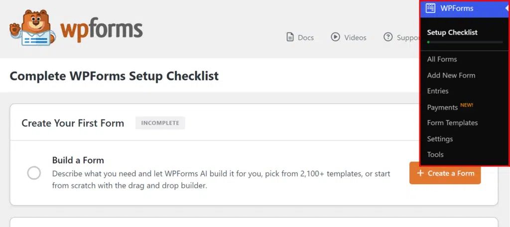 WPForms Setup Checklist page with setup sections