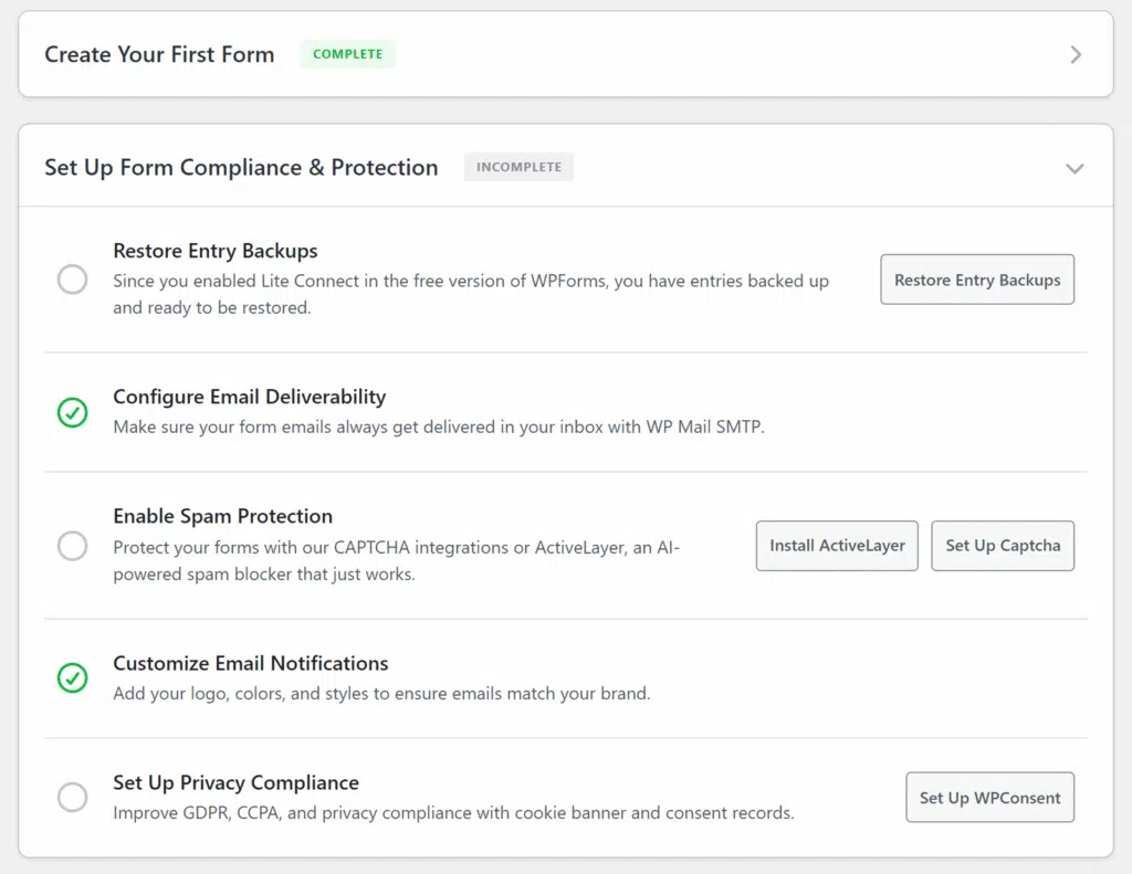 Completed and incomplete items on the WPForms Setup Checklist