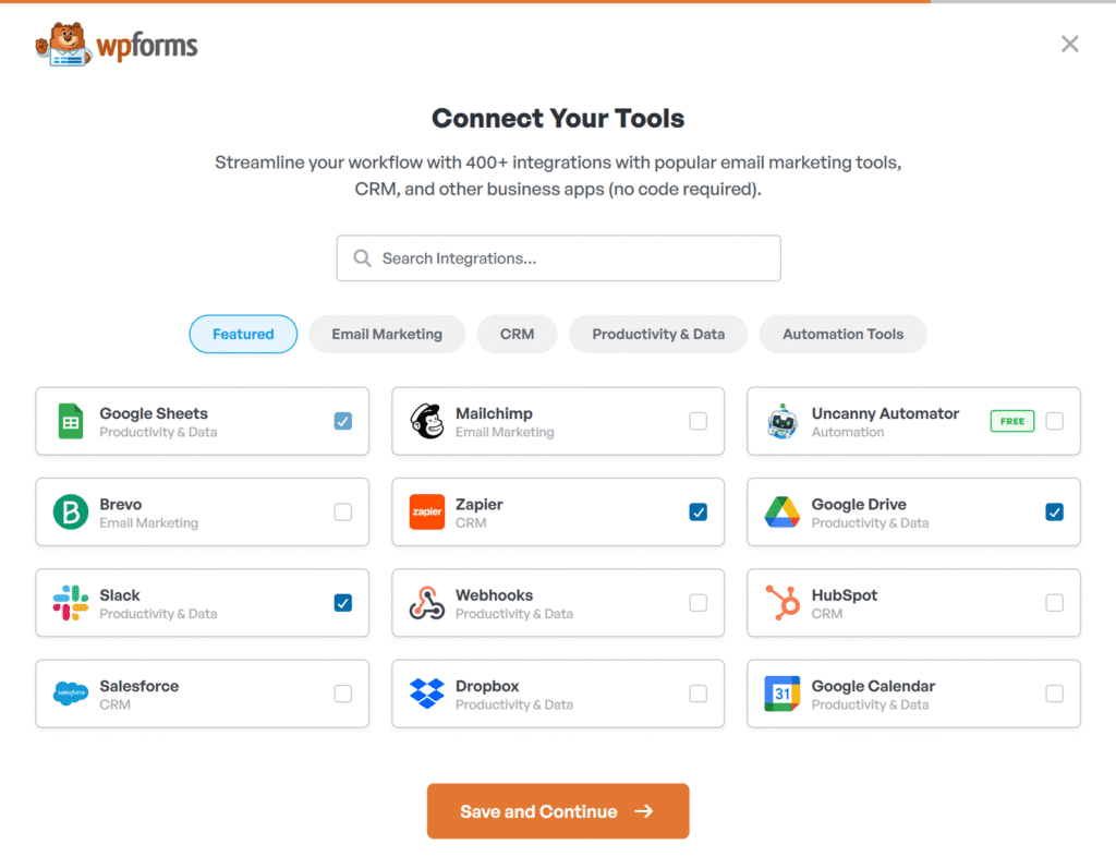 Tools verbinden Bildschirm - WPForms Verbinden Sie Ihre Tools – Bildschirm im WPForms Einrichtungsassistenten