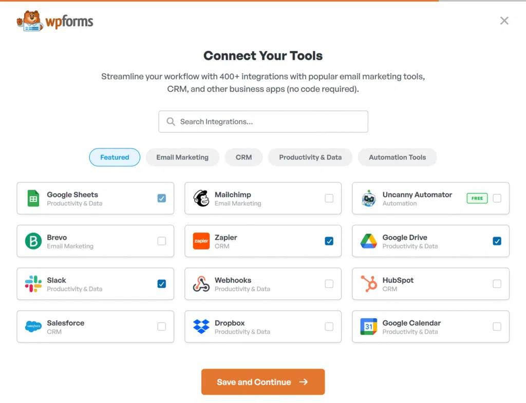 Connect Your Tools screen in the WPForms Setup Wizard