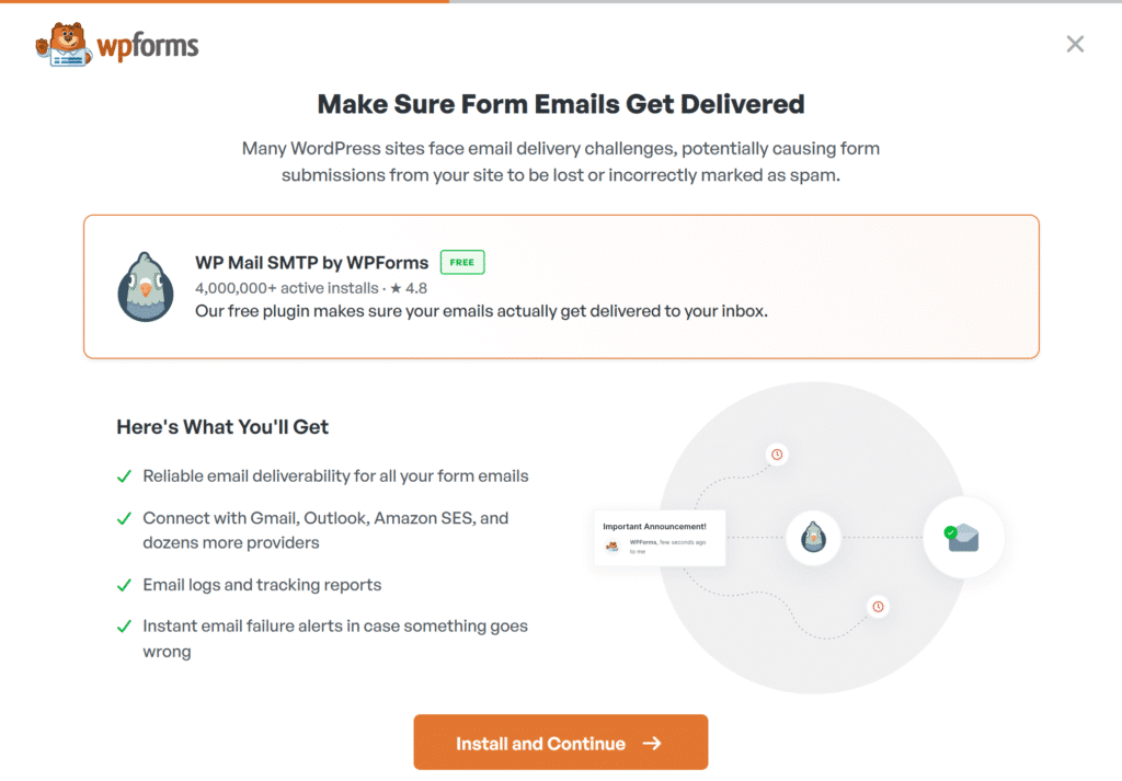 E-Mail-Zustellbarkeit Schritt - WPForms Stellen Sie sicher, dass Formular-E-Mails zugestellt werden – Bildschirm im WPForms Einrichtungsassistenten