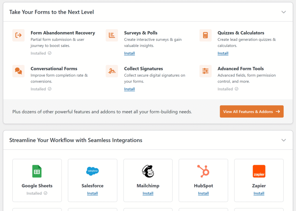 Empfohlene Add-ons und Tools - WPForms Empfohlene Add-ons, Integrationen und Wachstumstools-Abschnitte auf der Einrichtungschecklisten-Seite