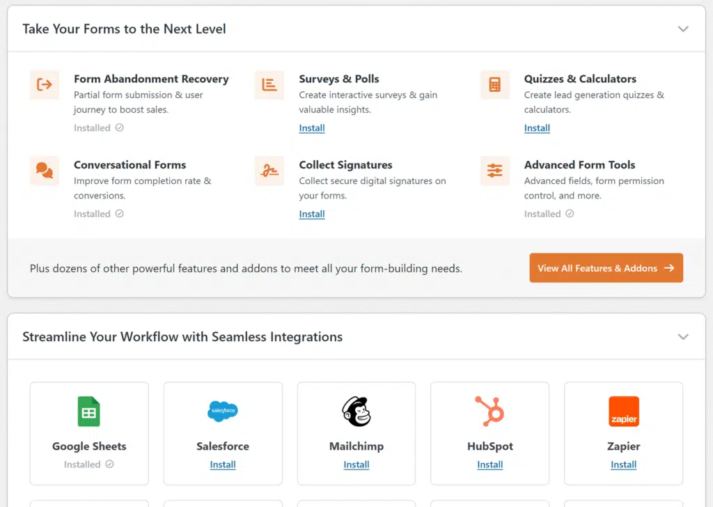 Recommended addons, integrations, and growth tools sections on the Setup Checklist page