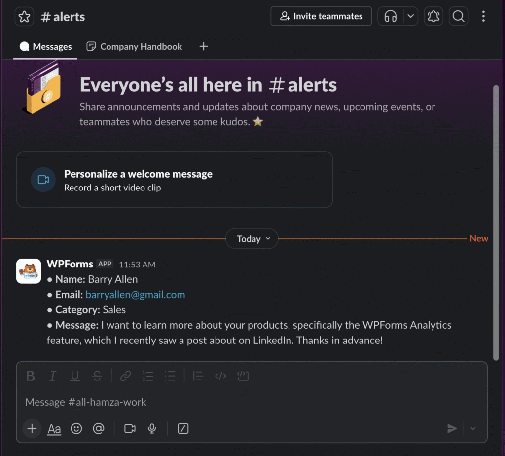 Slack workspace screenshot: #alerts channel with a purple hero banner reading “Everyone’s all here in #alerts” and a card inviting to personalize a welcome message on the left.