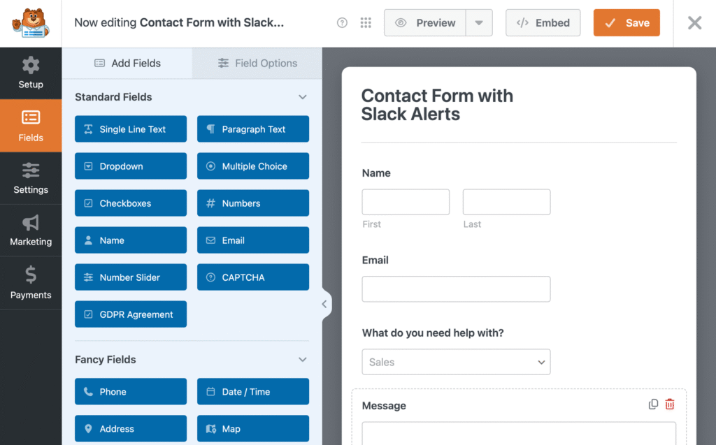 UI screenshot of a form builder: left vertical menu (Setup, Fields, Settings, Marketing, Payments) and a grid of blue field blocks (Single Line Text, Paragraph Text, Dropdown, Multiple Choice, etc.); right-side live preview shows a form titled 'Contact Form with Slack Alerts' with Name (First/Last), Email, 'What do you need help with?' dropdown (Sales), and a Message area.