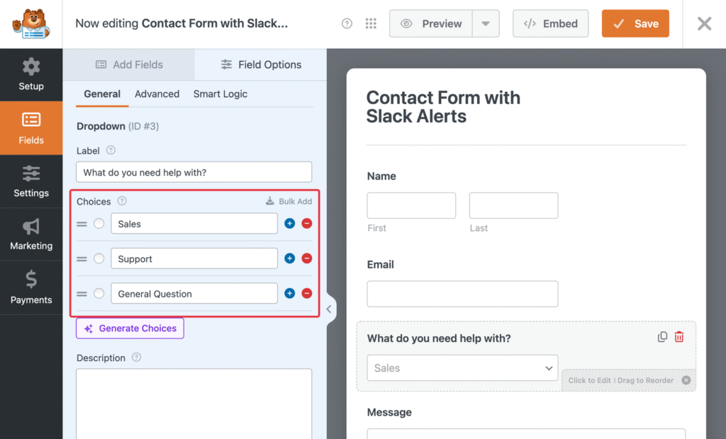 Form builder UI showing a Dropdown with choices Sales, Support, General Question; left settings panel and a live preview titled 'Contact Form with Slack Alerts'