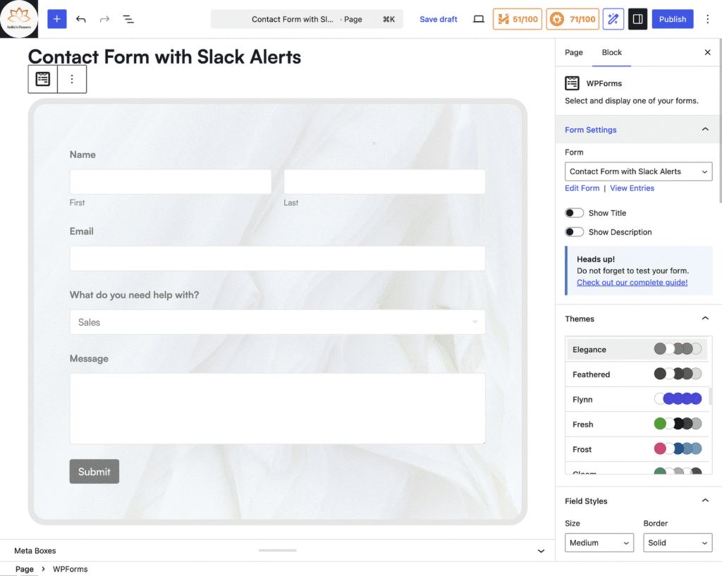 WordPress editor preview of a 'Contact Form with Slack Alerts' form: fields for Name (First, Last), Email, a What do you need help with? dropdown set to Sales, a Message box, and a Submit button.
