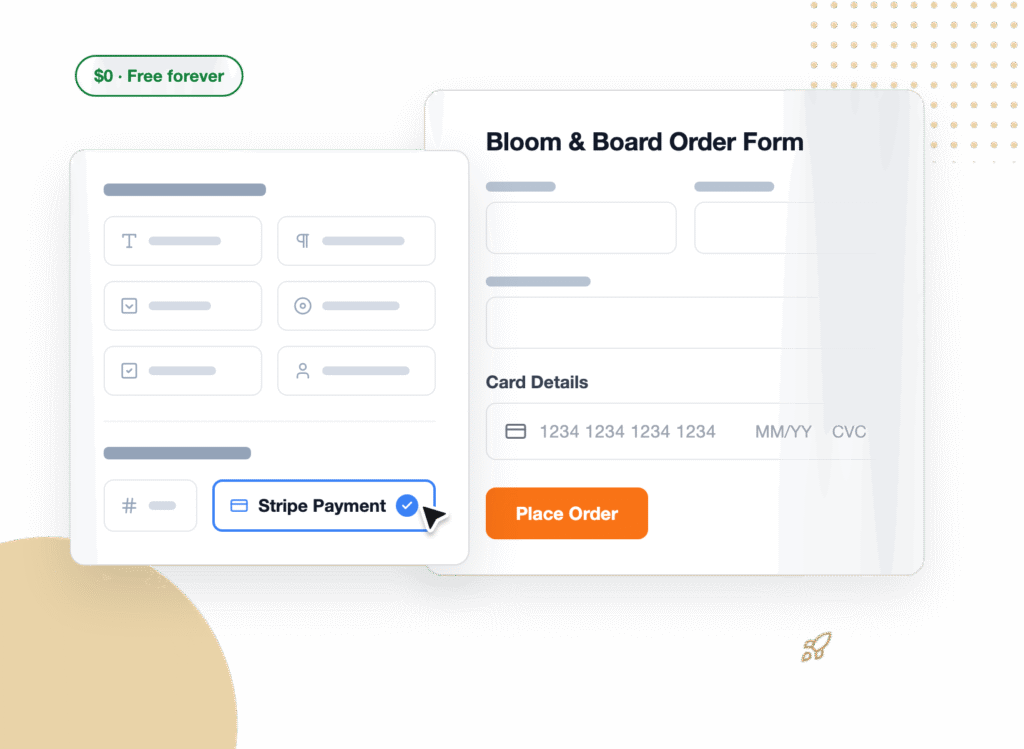 Deux panneaux de formulaire superposés : le panneau de gauche affiche le Paiement Stripe sélectionné, le panneau de droite est le formulaire de commande Bloom & Board avec des champs de carte et un bouton Passer la commande.