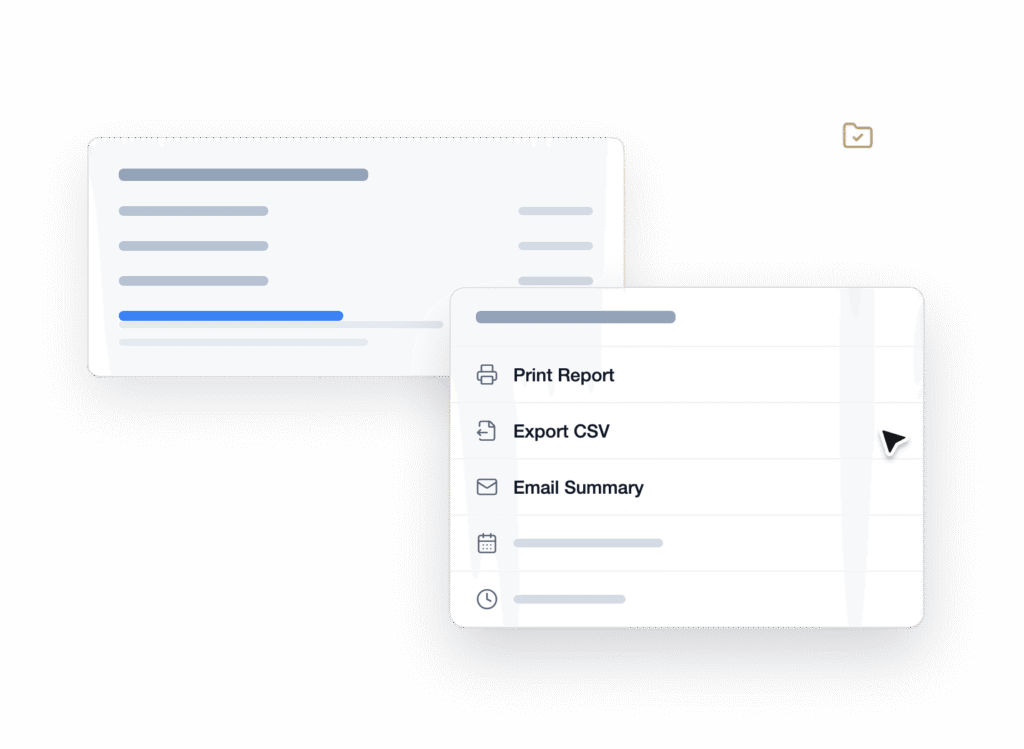 tab2-agency-reports - WPForms Menu mobile su una scheda bianca che elenca le azioni di esportazione: Stampa Report, Esporta CSV, Riepilogo Email, ecc.