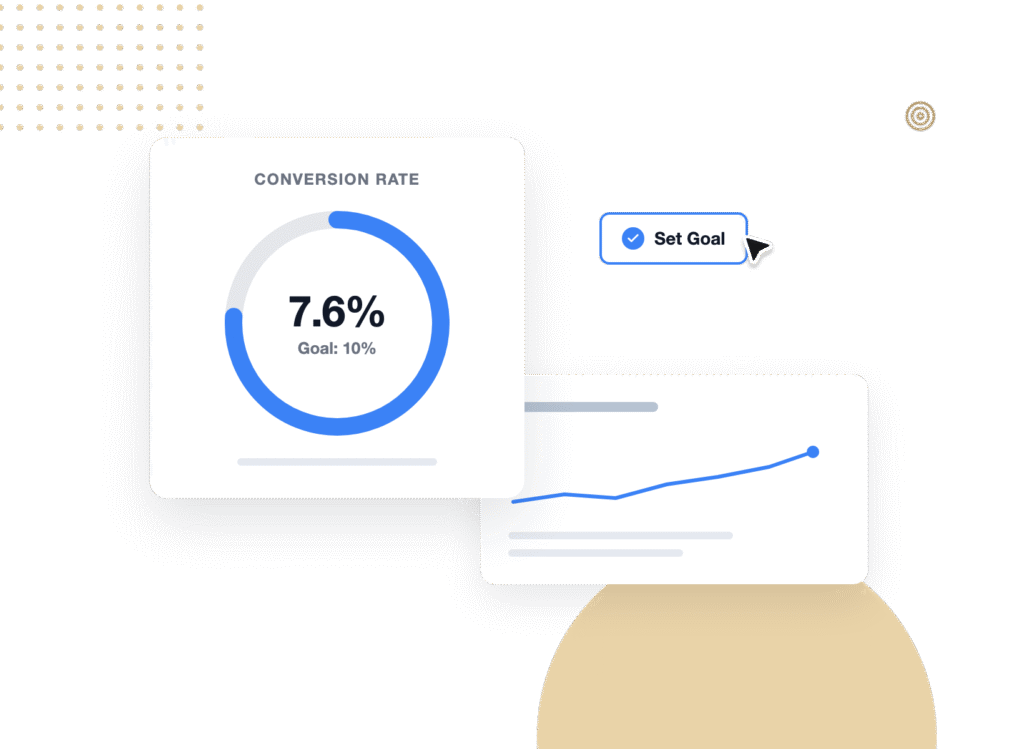 tab4-campaigns - WPForms Scheda del dashboard che mostra un tasso di conversione del 7,6% con Obiettivo: 10% e un anello di progresso blu.