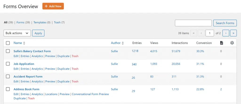wpforms-all-forms - WPForms Forms Overview page with a table of forms, showing Name, Author, Entries, Views, Interactions, Conversion; first form is "Sullie's Bakery Contact Form" with actions like Edit, Entries, Analytics, Preview, Duplicate, Trash; Add New button above.
