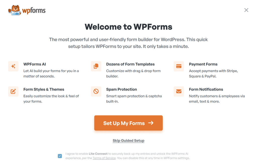 Einrichtungsassistent Begrüßungsbildschirm - WPForms Begrüßungsbildschirm mit der Lite Connect-Vereinbarung in der kostenlosen Version des Einrichtungsassistenten