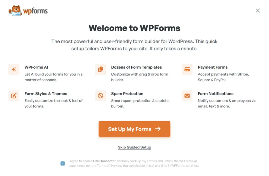 Welcome screen with the Lite Connect agreement in the free version of the Setup Wizard