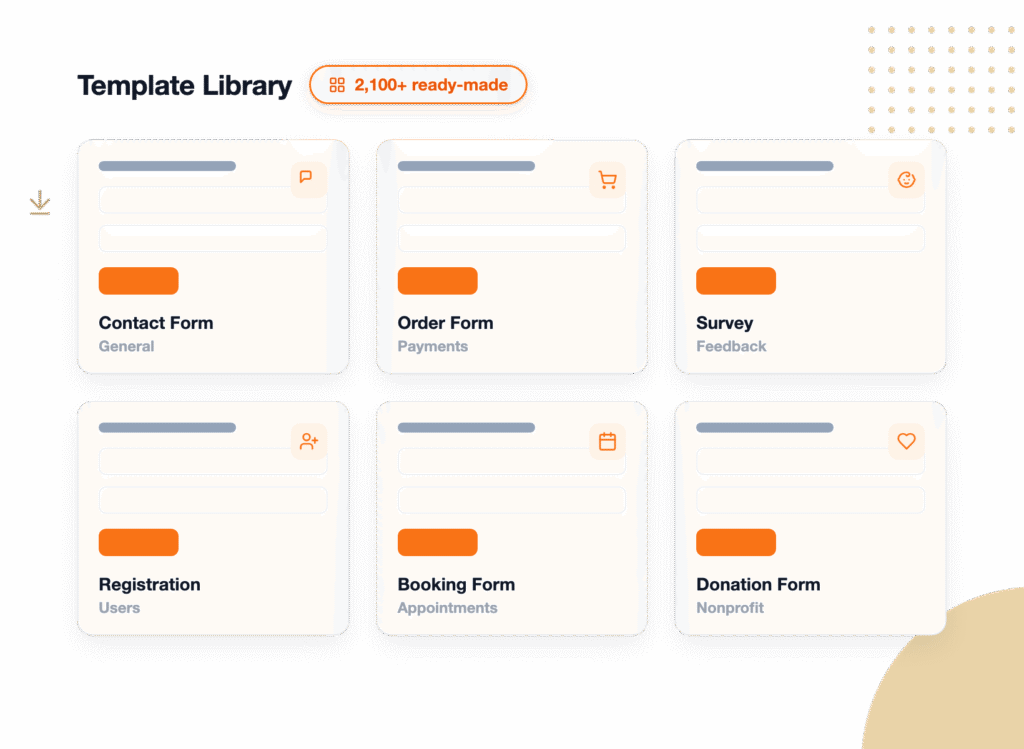 Illustration of a template library with cards for Contact Form, Order Form, Survey, Registration, Booking Form, and Donation Form (2,100+ ready-made)