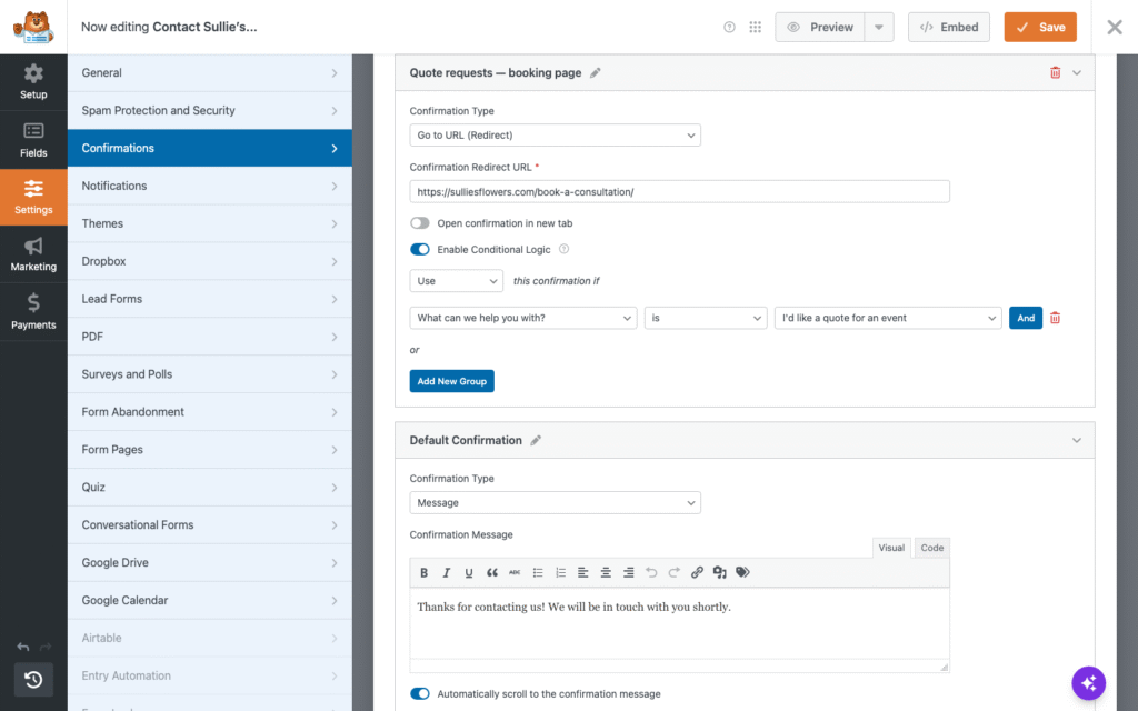 Screenshot of a settings panel for quote requests booking page, showing confirmation options and a default message editor.