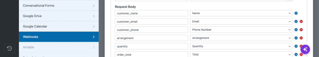 Page Webhooks avec navigation de gauche ; formulaire Corps de requête listant nom_client, email_client, telephone_client, arrangement, quantite, total_commande.