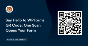 Banner de anuncio: fondo azul oscuro con el titular 'Saluda al código QR de WPForms: Un escaneo abre tu formulario' y un código QR grande a la derecha.