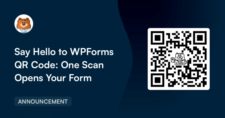 Bannière d'annonce : fond bleu foncé avec le titre « Dites bonjour au code QR WPForms : un scan ouvre votre formulaire » et un grand code QR à droite.
