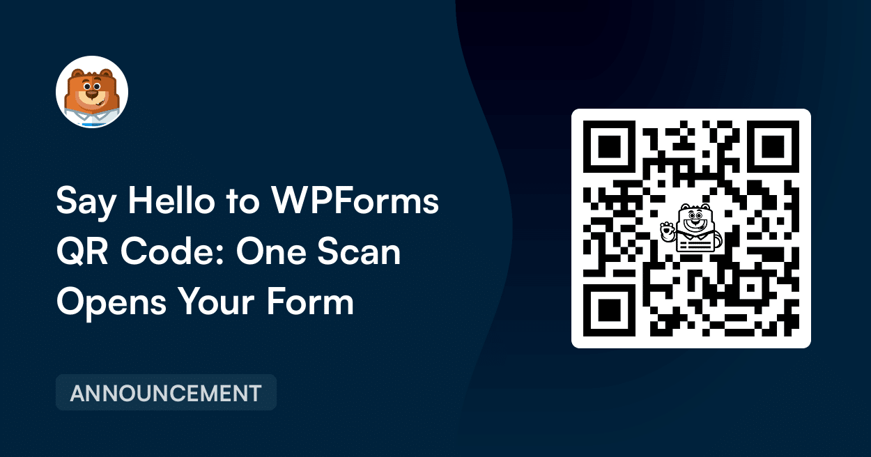 Ankündigungsbanner: dunkelblauer Hintergrund mit der Überschrift „Sagen Sie Hallo zu WPForms QR-Code: Ein Scan öffnet Ihr Formular“ und einem großen QR-Code auf der rechten Seite.