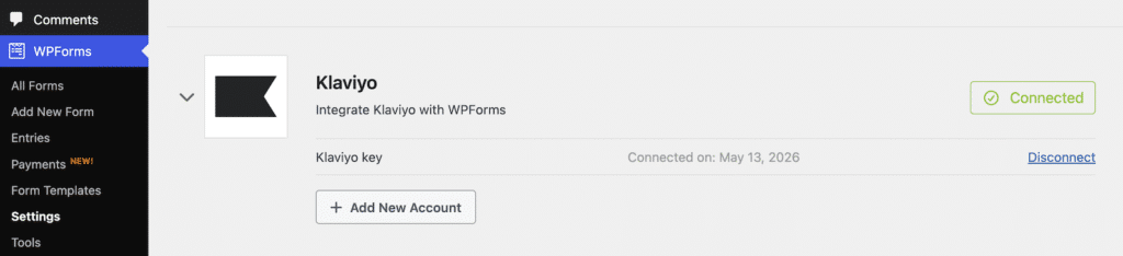 WPForms settings page showing Klaviyo integration as connected, with an 'Add New Account' button and a 'Klaviyo key' field.