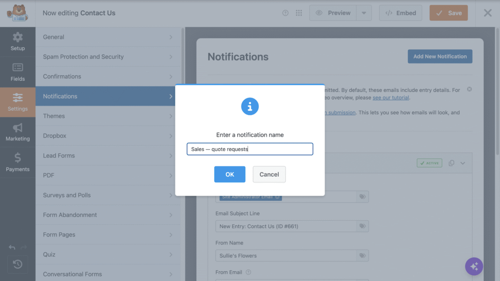 Popup dialog: Enter a notification name; input shows 'Sales — quote requests'; OK and Cancel buttons visible.