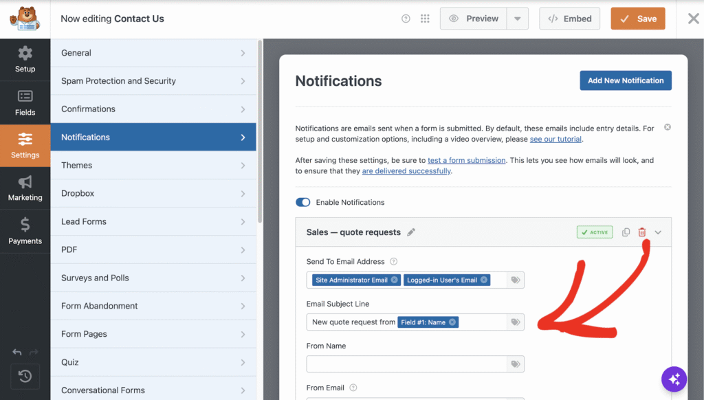Screenshot of form editor with Notifications settings open: left navigation showing Settings, a blue Add New Notification button, and a large orange Save button; a red arrow points to action icons on the top-right panel.