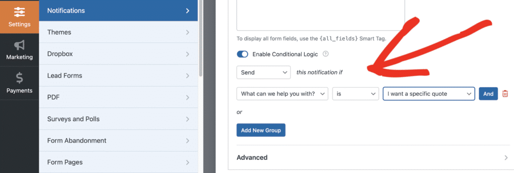 UI for configuring notification rules: left navigation and a form with Enable Conditional Logic and a 'I want a specific quote' option.