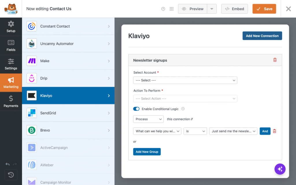 Admin dashboard showing Marketing settings with Klaviyo connected panel and Add New Connection button