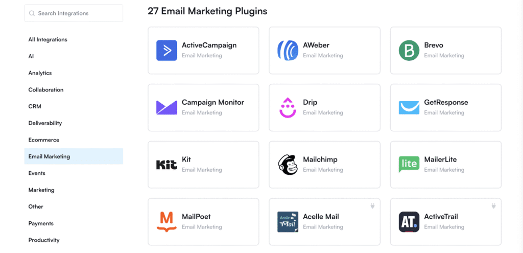Dashboard with a grid of 12 email marketing plugin cards and a left navigation menu; 'Email Marketing' highlighted on the sidebar.